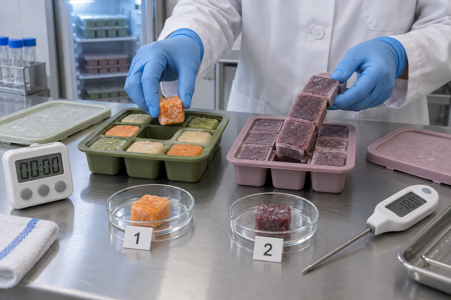 Quality technician comparing independent frozen portions with a connected frozen portion strip Quality technician comparing independent frozen portions with a connected frozen portion strip