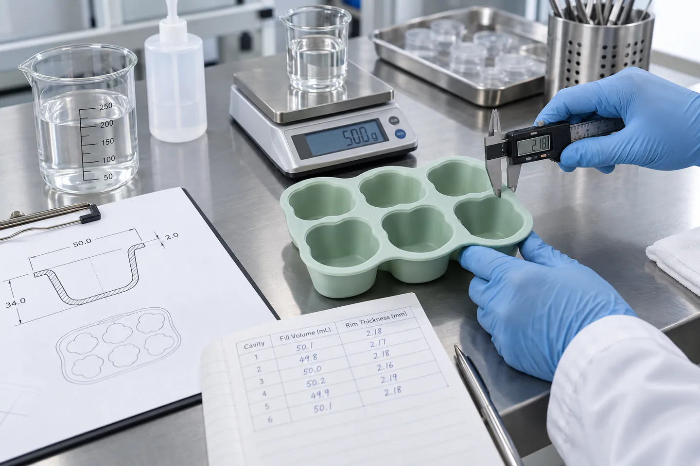 Silicone baby food freezer tray cavity volume and wall thickness measured in a quality laboratory Silicone baby food freezer tray cavity volume and wall thickness measured in a quality laboratory