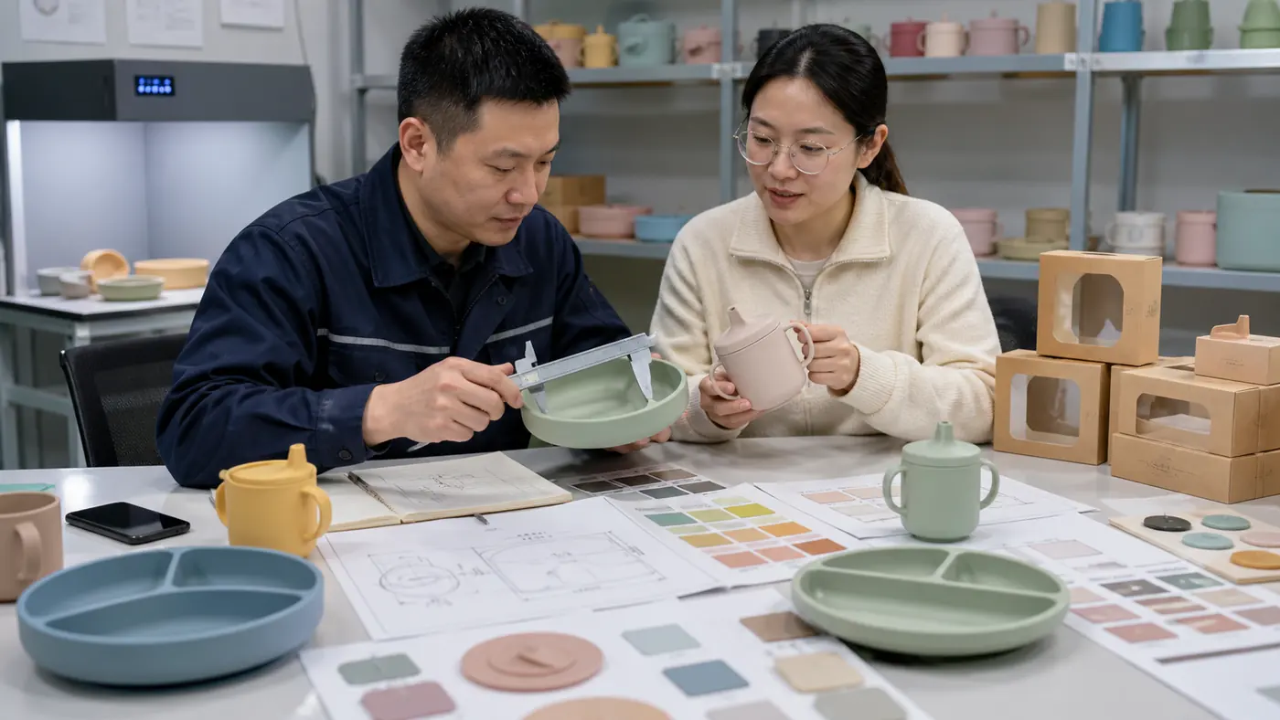 Retail buyer and factory quality engineer approving silicone tableware colors dimensions and packaging