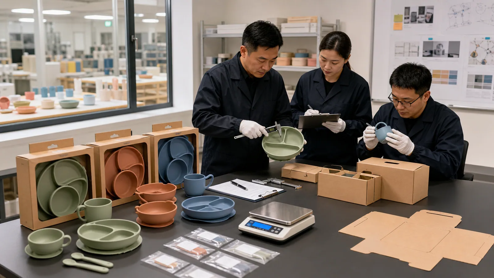 Quality team approving silicone baby tableware sets packaging and retained samples Quality team approving silicone baby tableware sets packaging and retained samples