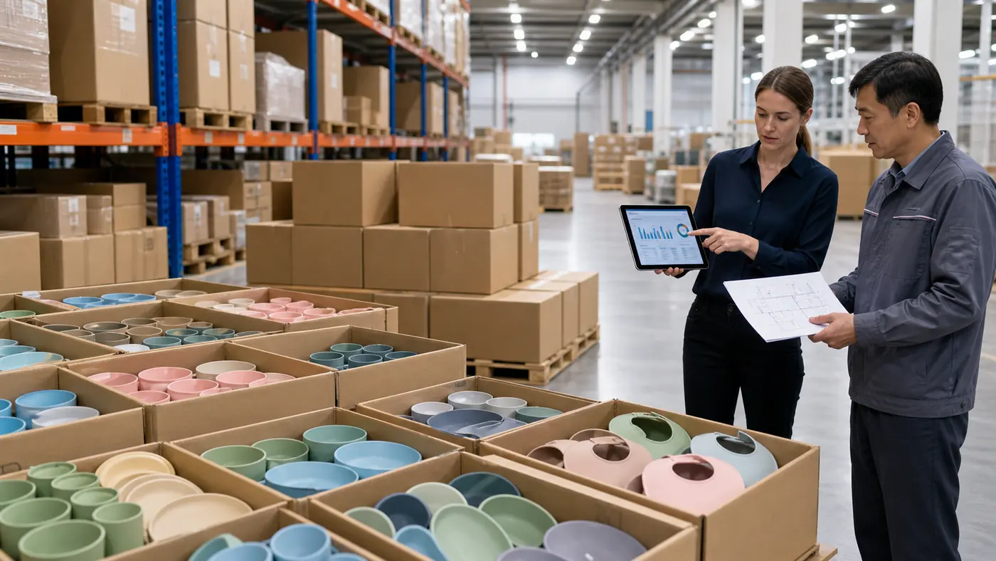 Warehouse team planning replenishment for silicone baby tableware SKUs and color groups
