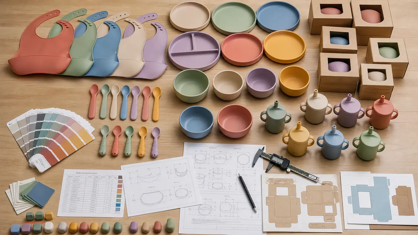Silicone baby tableware SKU architecture arranged by product role and coordinated color family