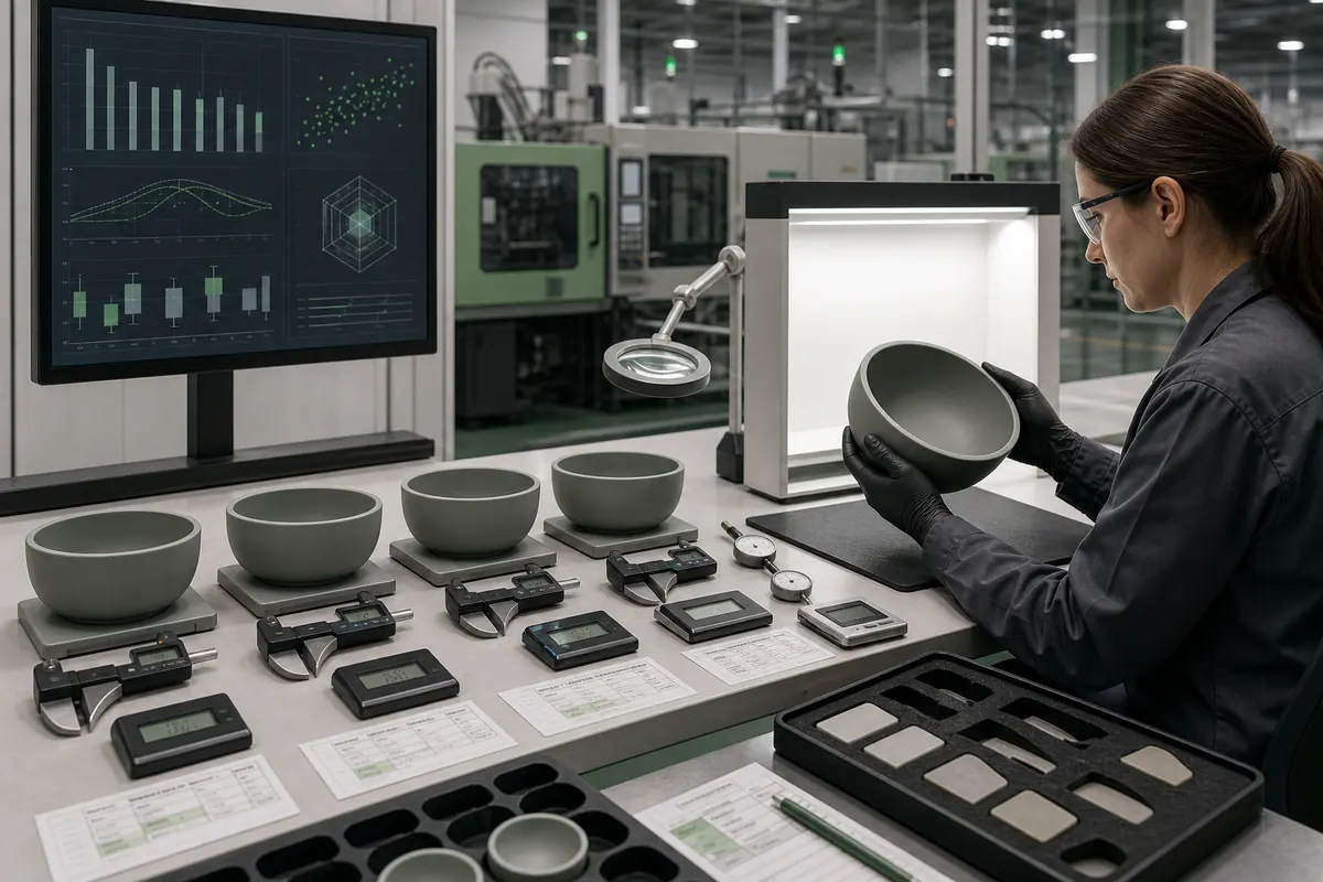 Cavity-to-cavity silicone bowl dimensional and appearance validation