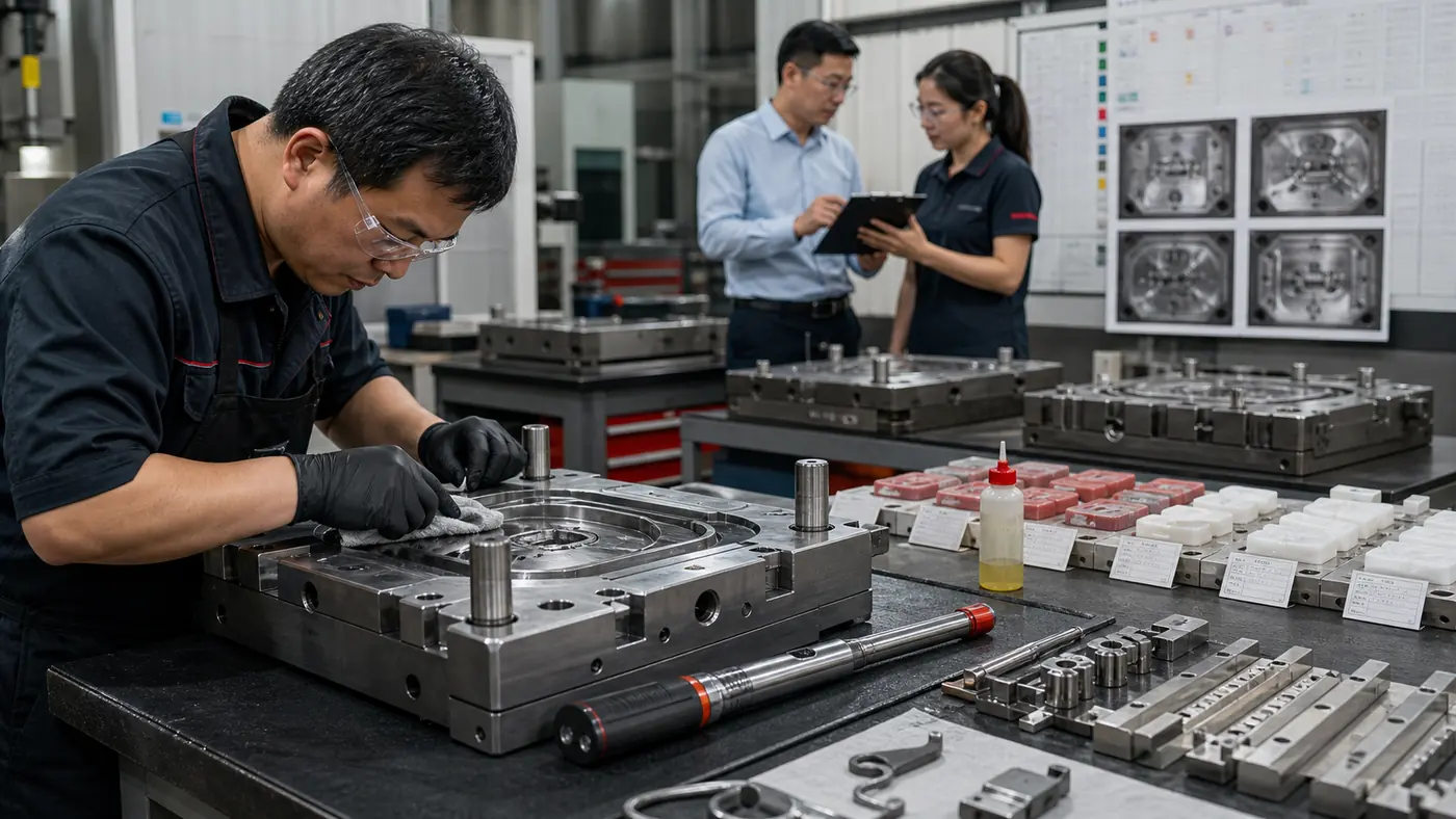 Silicone compression mold receiving preventive maintenance and documented cavity inspection Silicone compression mold receiving preventive maintenance and documented cavity inspection