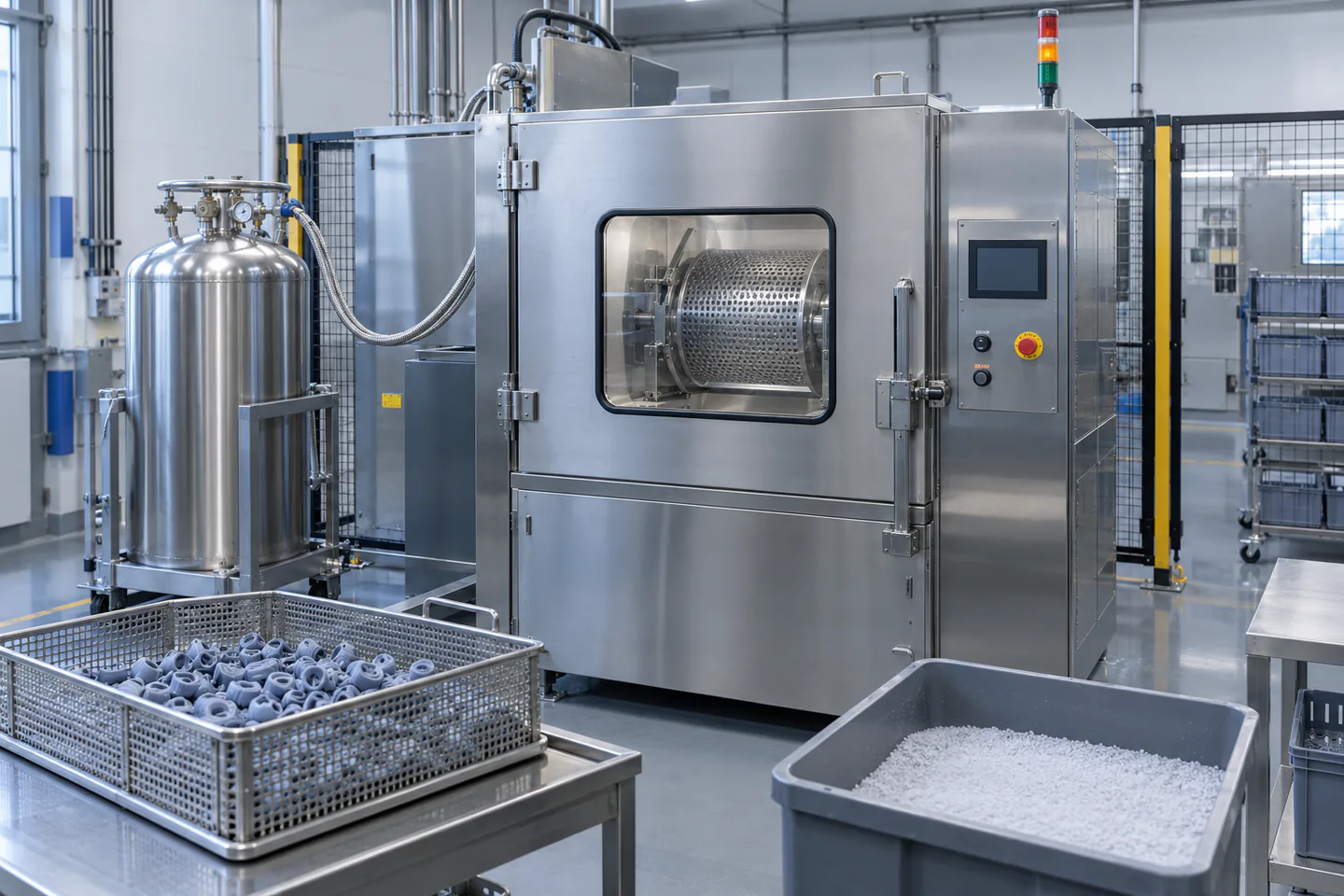 Enclosed cryogenic silicone deflashing cell with guarded equipment basket and process media