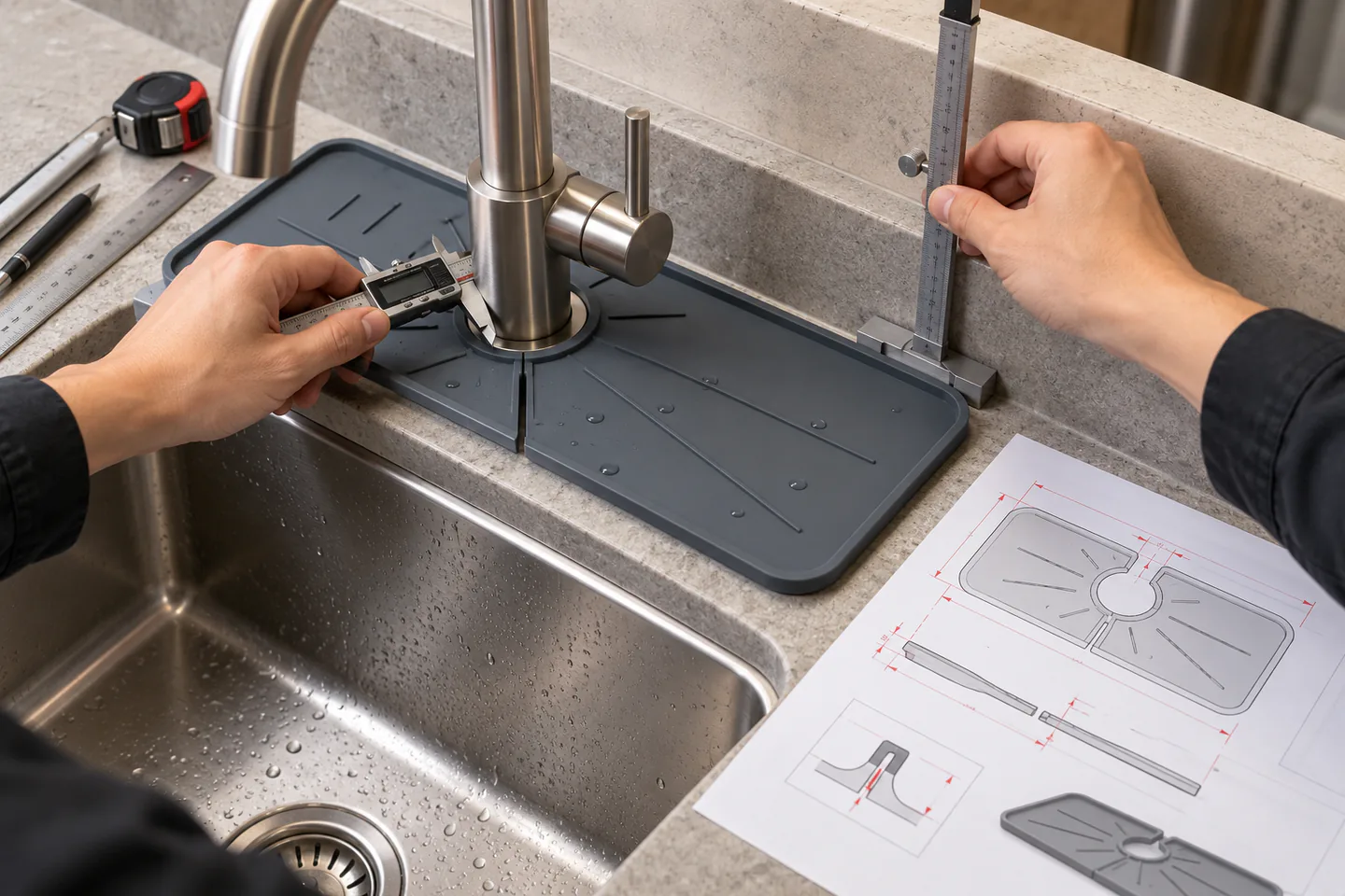 Buyer and factory engineer measure faucet base and sink counter clearances Buyer and factory engineer measure faucet base and sink counter clearances