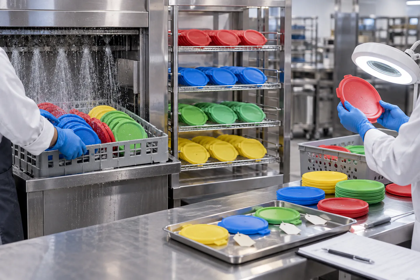 Color-coded silicone covers moving through commercial washing drying and inspection Color-coded silicone covers moving through commercial washing drying and inspection