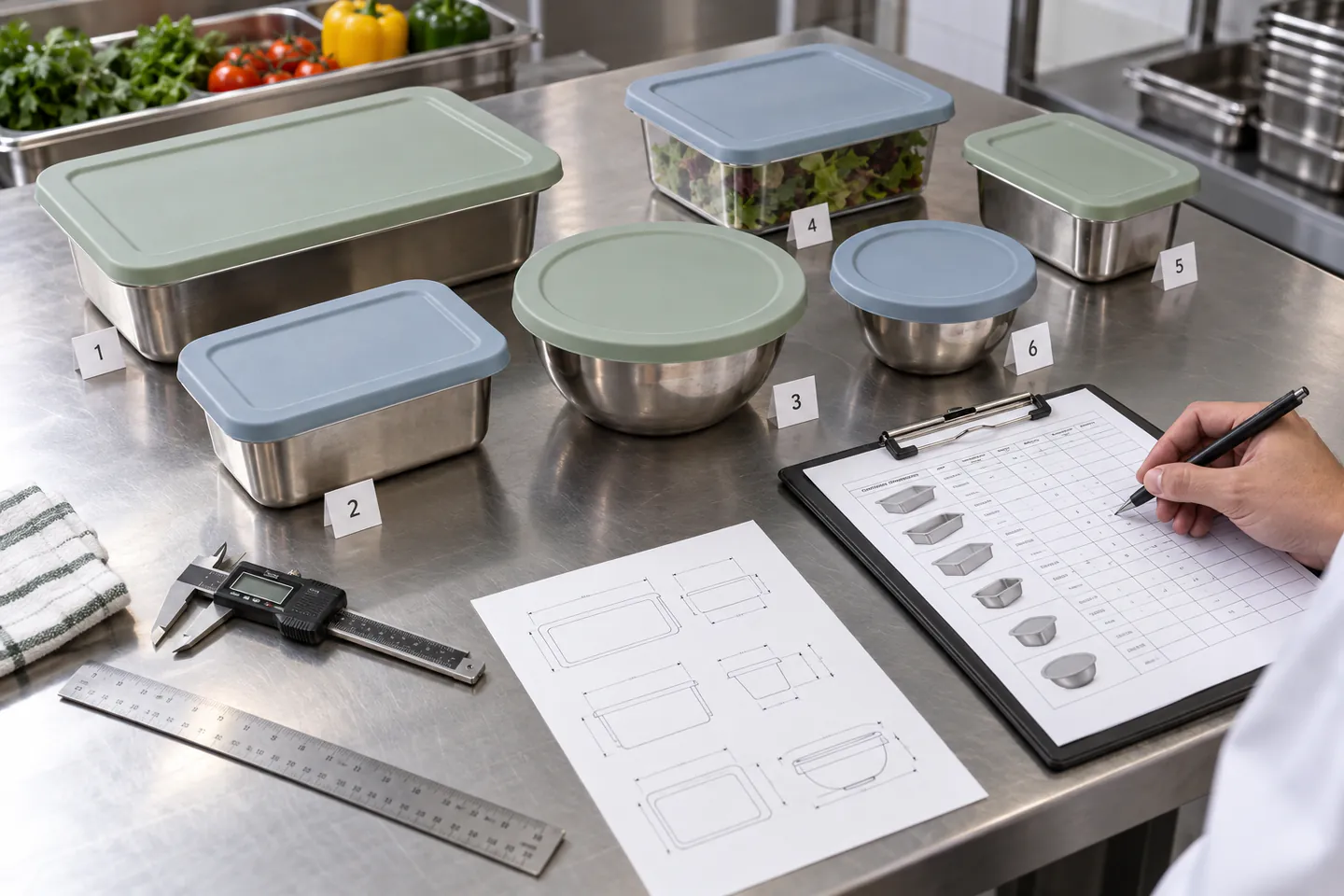 Numbered hospitality food containers and silicone covers reviewed against dimensions and an RFQ matrix Numbered hospitality food containers and silicone covers reviewed against dimensions and an RFQ matrix