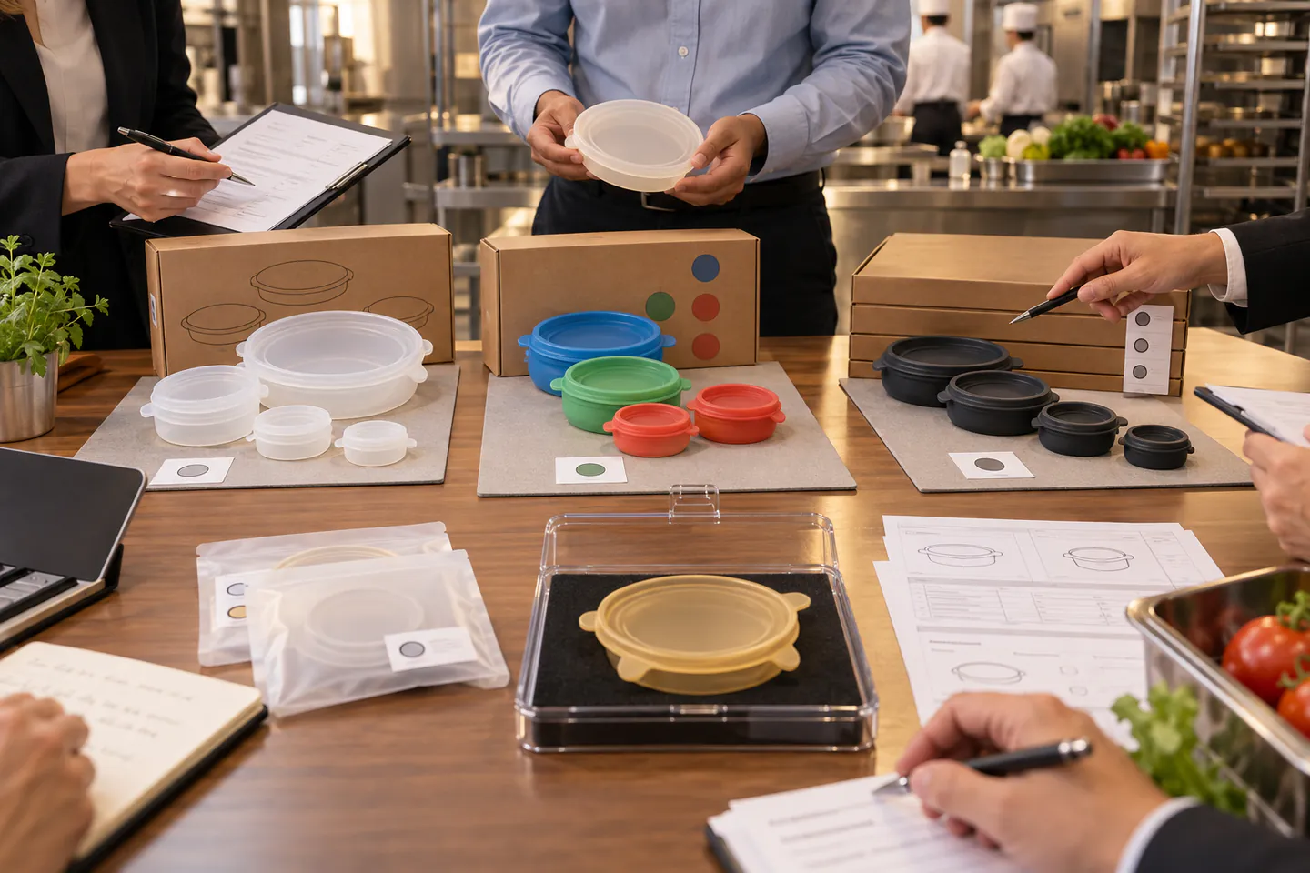 Hospitality procurement team comparing silicone cover quotations sample sets packaging and a golden sample Hospitality procurement team comparing silicone cover quotations sample sets packaging and a golden sample
