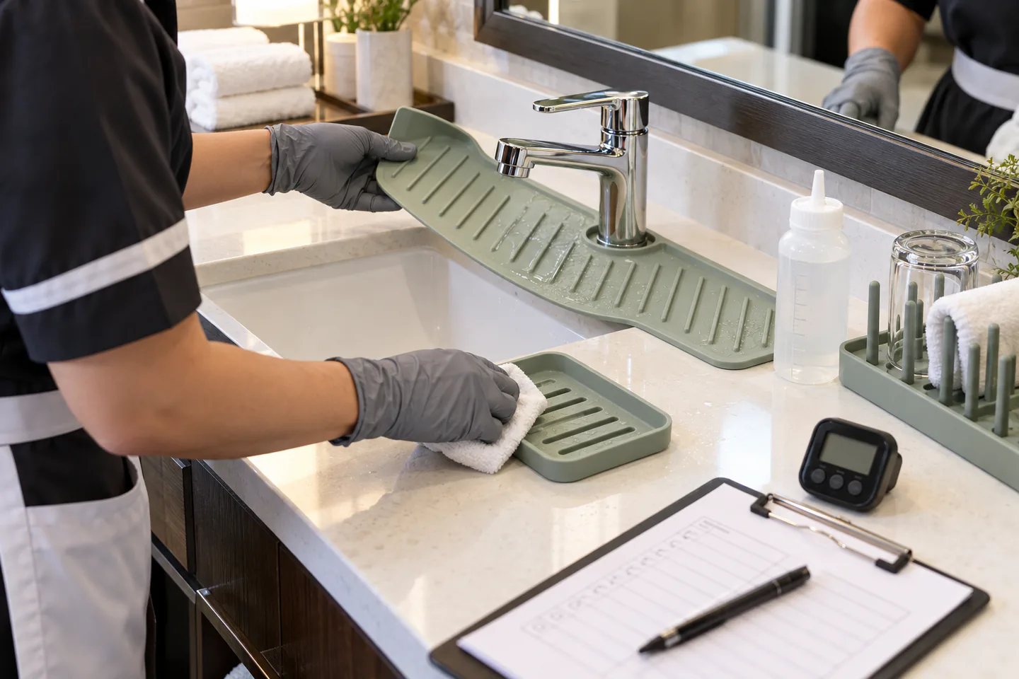 Housekeeper validates removal cleaning drainage and reinstallation of a silicone sink protection set Housekeeper validates removal cleaning drainage and reinstallation of a silicone sink protection set