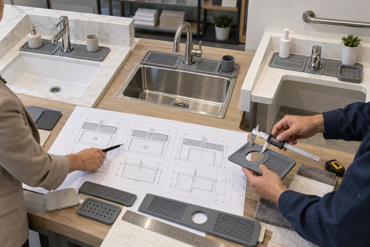 Facilities buyer and silicone engineer measure hotel bathroom kitchenette and accessible sink fixtures Facilities buyer and silicone engineer measure hotel bathroom kitchenette and accessible sink fixtures