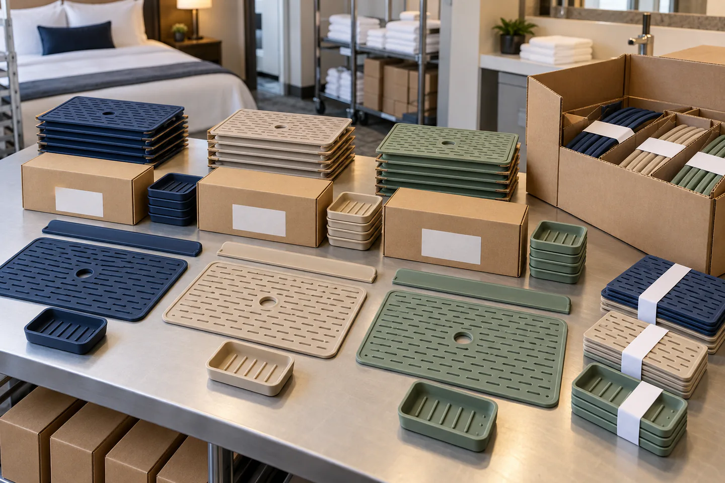 Color-coded silicone sink protection components arranged in hotel room kits and replacement packs Color-coded silicone sink protection components arranged in hotel room kits and replacement packs