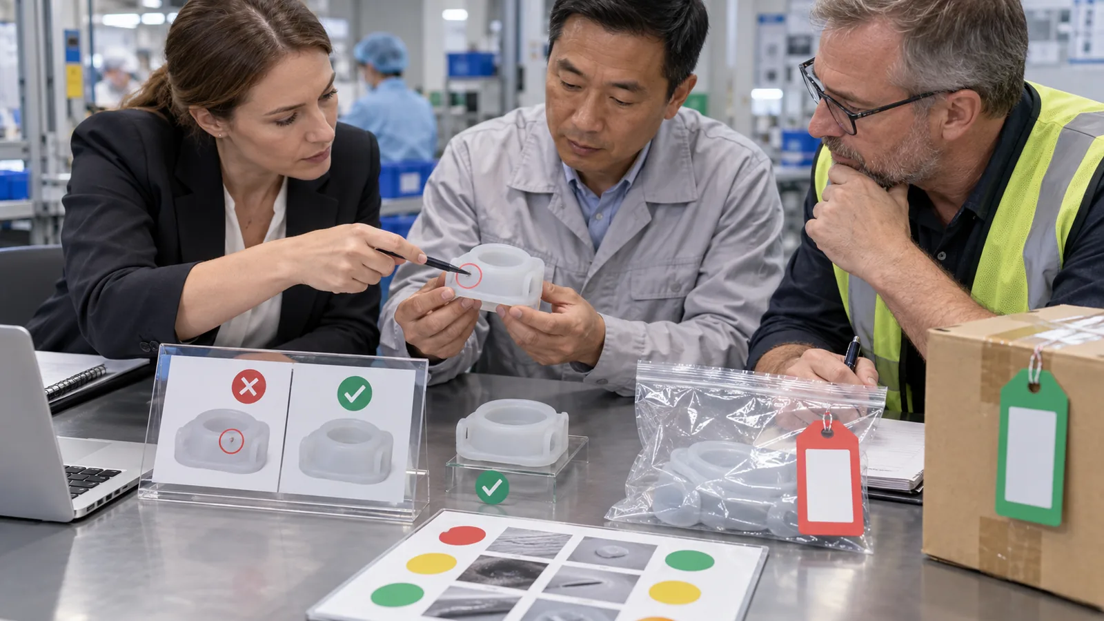Buyer factory engineer and independent inspector review a silicone defect and disposition evidence Buyer factory engineer and independent inspector review a silicone defect and disposition evidence
