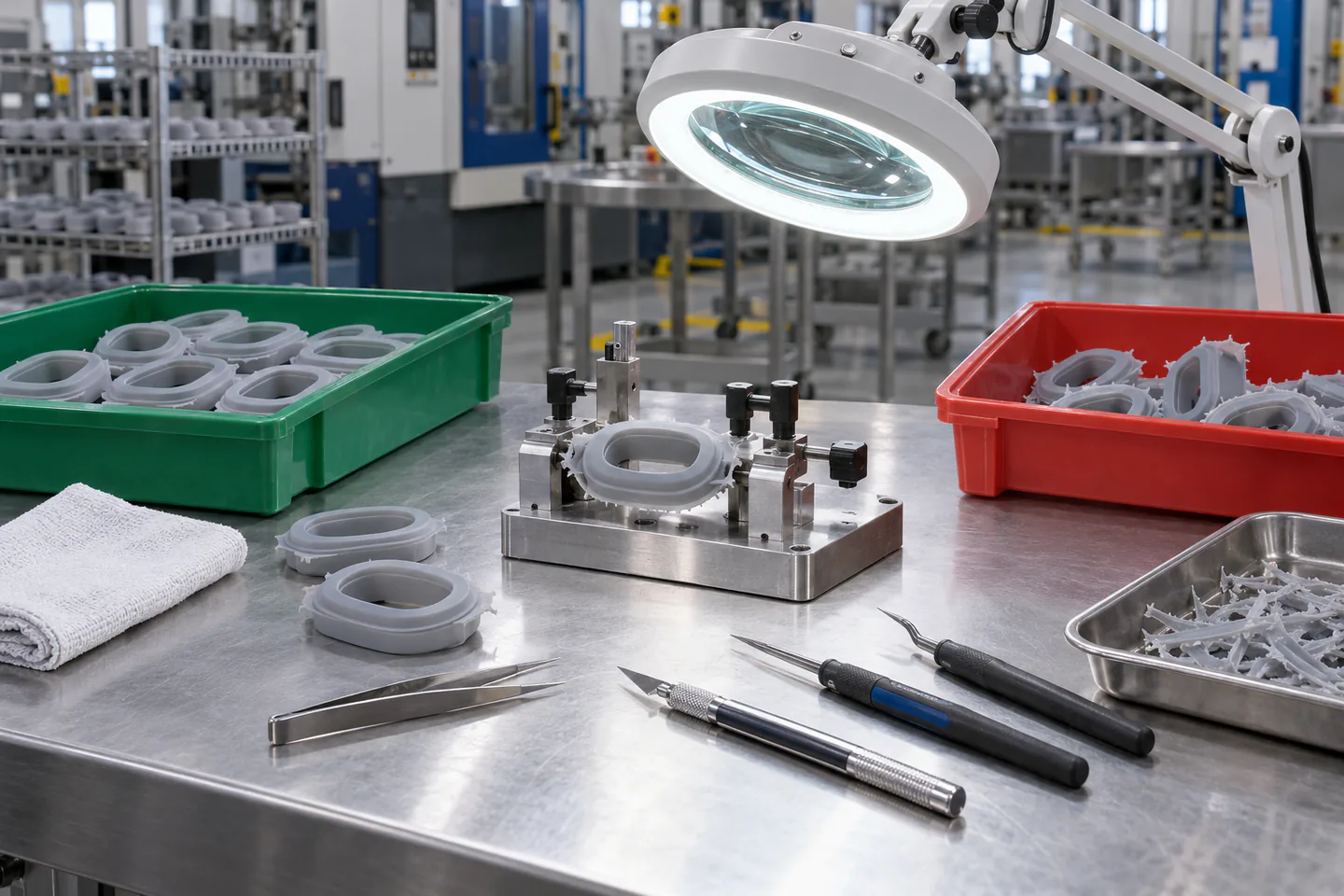 Manual silicone deflashing workbench with precision tools fixture and controlled part trays