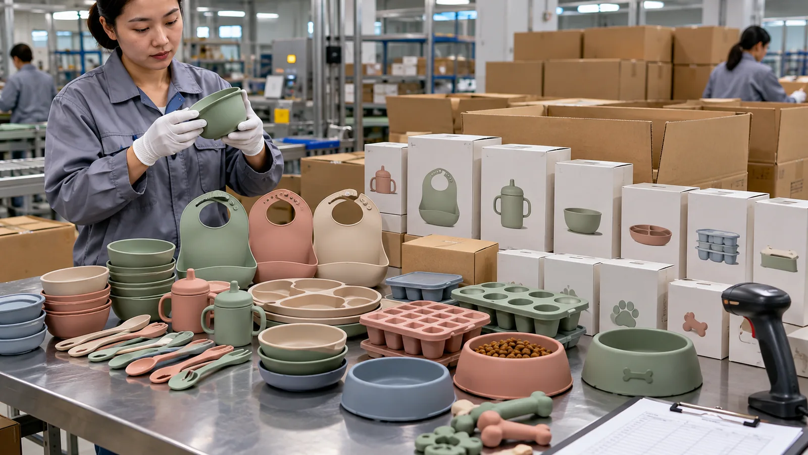 Quality inspector reviewing a coordinated silicone collection and retail pack-out