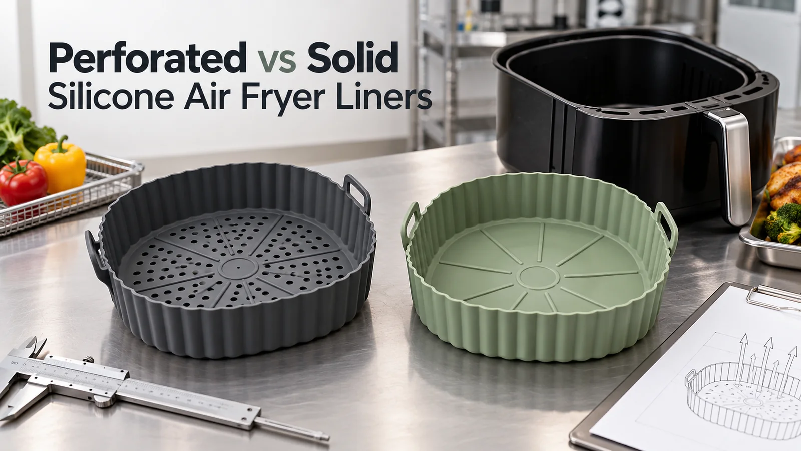 Perforated and solid silicone air fryer liners compared with a basket and engineering review tools Perforated and solid silicone air fryer liners compared with a basket and engineering review tools