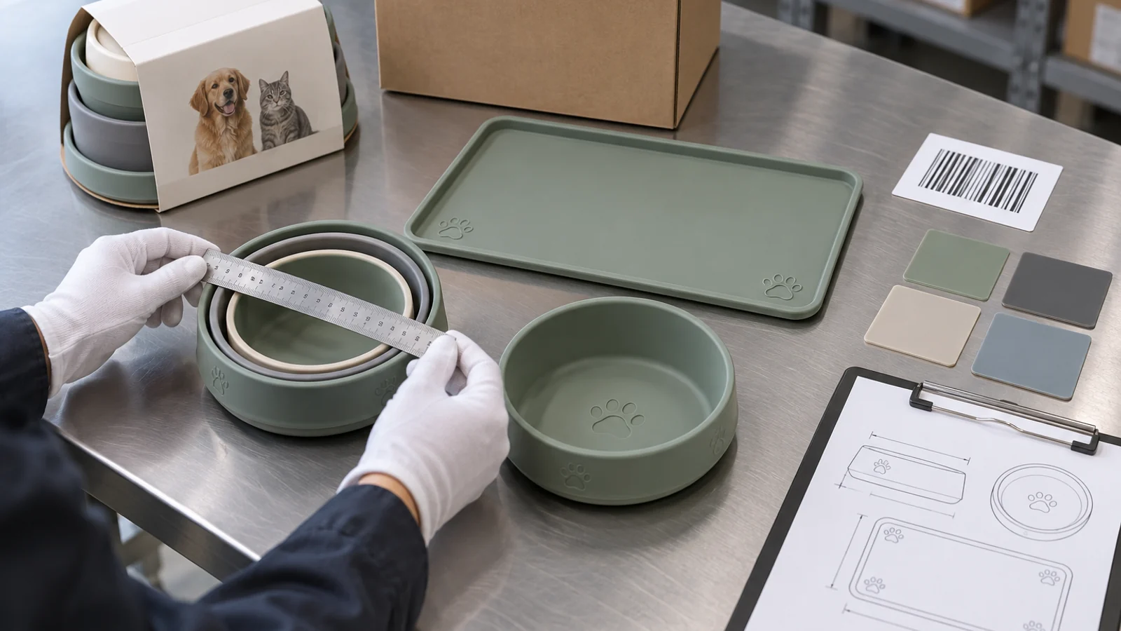 Quality team measuring nested silicone pet feeding set and retail packaging