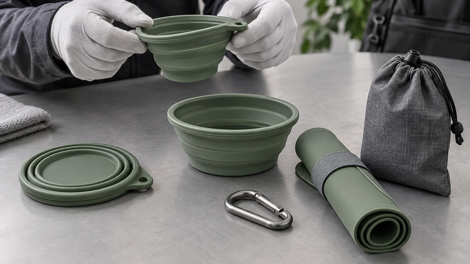 Collapsible silicone travel bowl and roll-up mat evaluated for fold recovery and portability