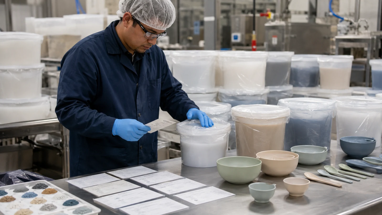 Technician verifying silicone compound pigment and lot traceability before production