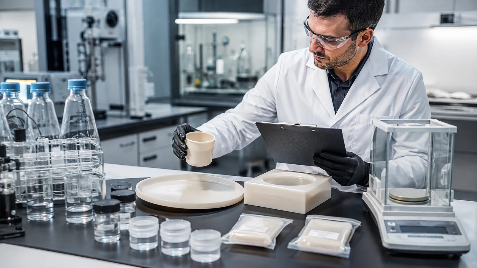 Quality specialist matching platinum-cured silicone samples to laboratory test scope