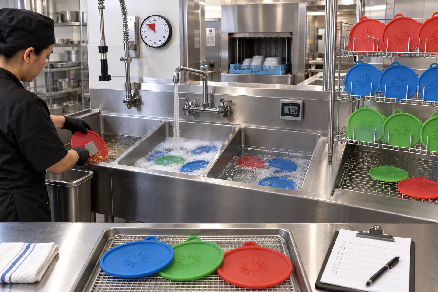 Commercial kitchen wash rinse sanitize and air-dry validation for color-coded silicone food covers Commercial kitchen wash rinse sanitize and air-dry validation for color-coded silicone food covers