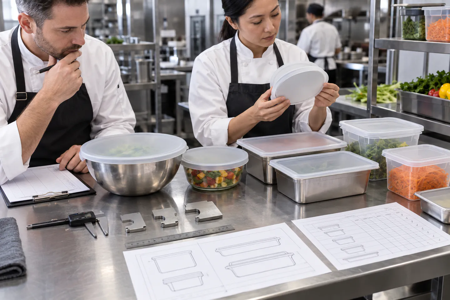 Restaurant chefs comparing silicone food covers with stainless pans bowls and container rim drawings Restaurant chefs comparing silicone food covers with stainless pans bowls and container rim drawings
