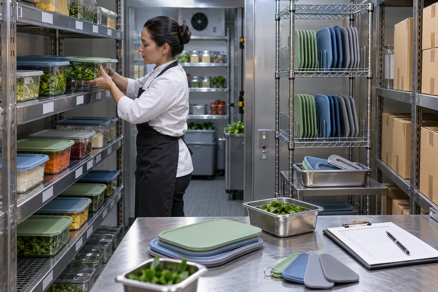 Restaurant cold-storage rotation with covered ingredient pans drying racks and replacement stock Restaurant cold-storage rotation with covered ingredient pans drying racks and replacement stock