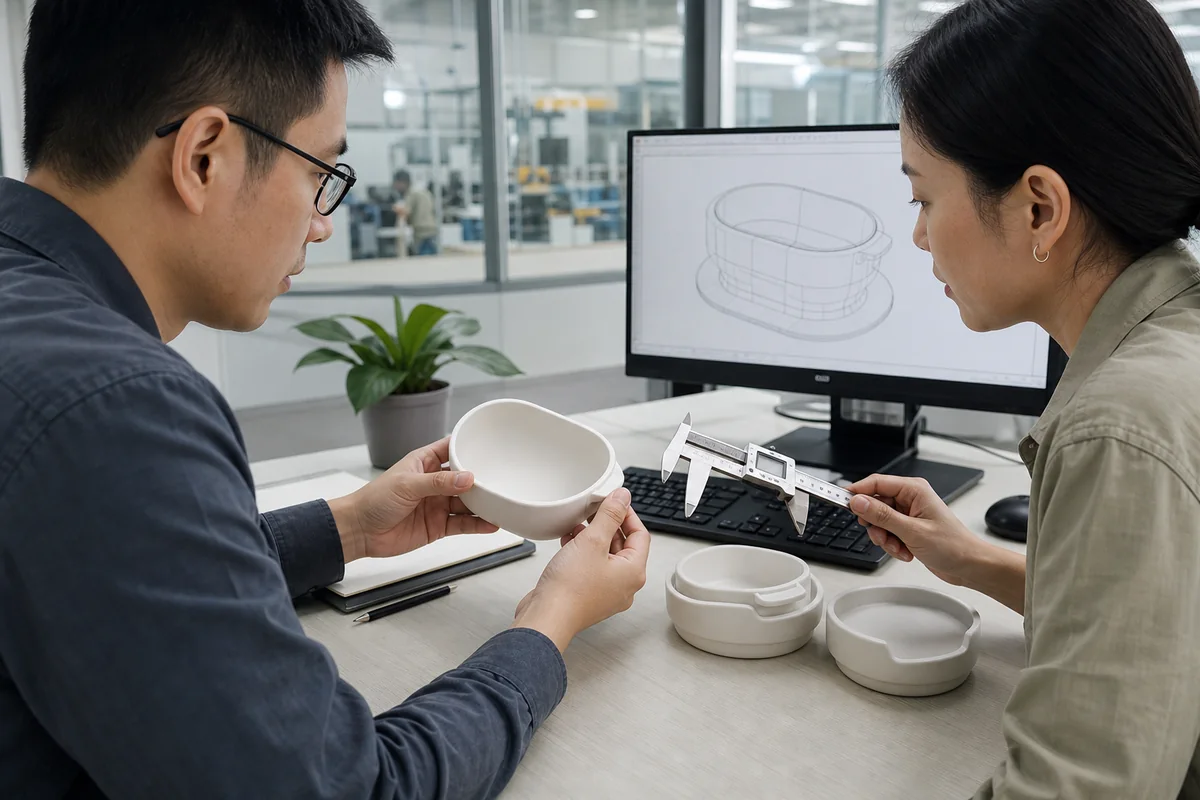 Buyer and engineer reviewing a rigid silicone product form model against grayscale CAD
