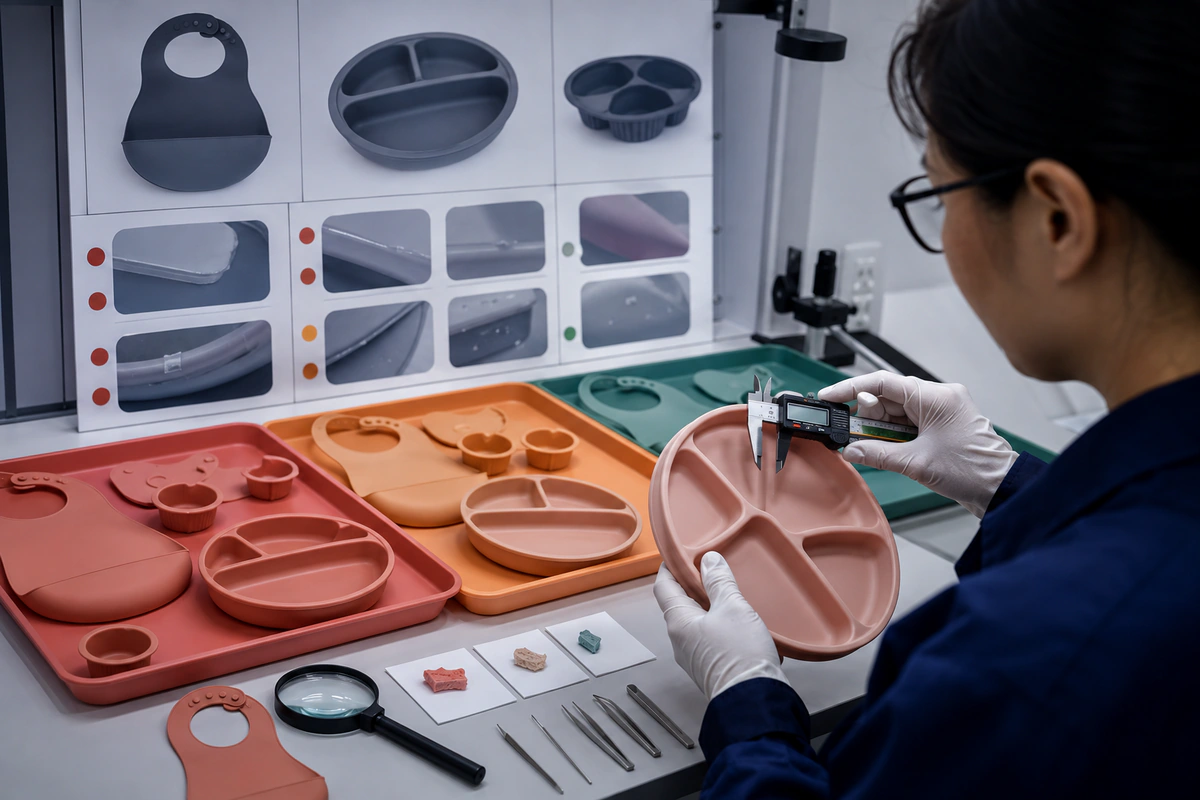 Inspector classifying silicone product defects with approved samples and measurement tools