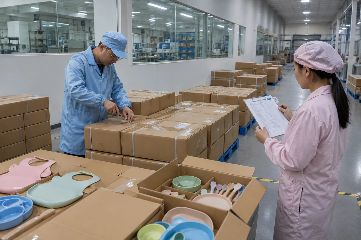Quality team selecting cartons from defined silicone product lots for random AQL sampling