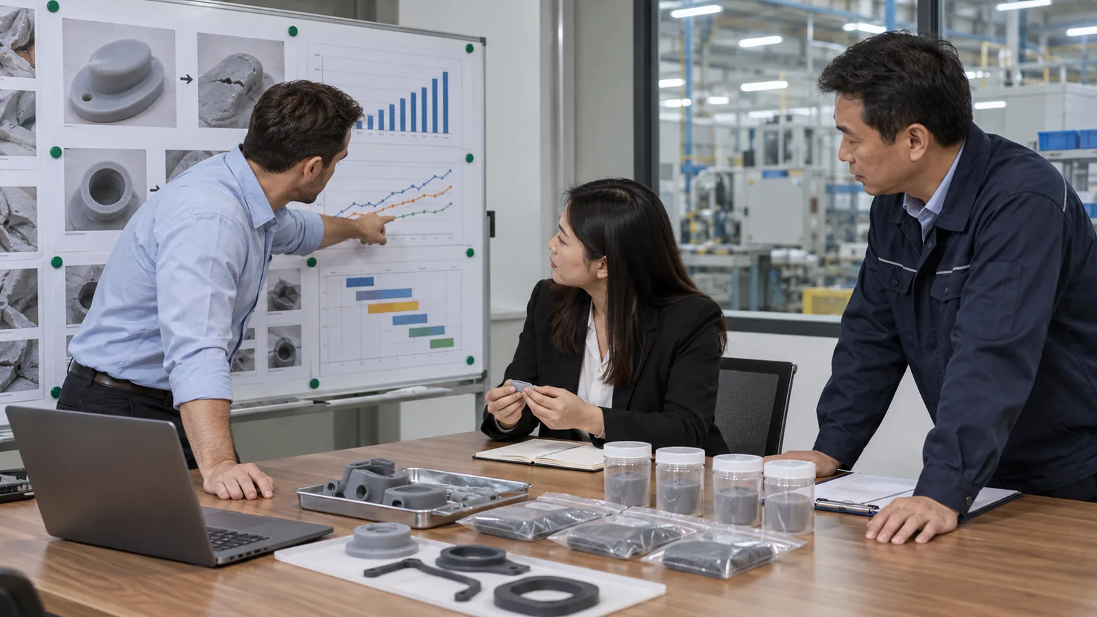 Buyer and supplier team reviewing corrective-action evidence after a silicone factory audit Buyer and supplier team reviewing corrective-action evidence after a silicone factory audit