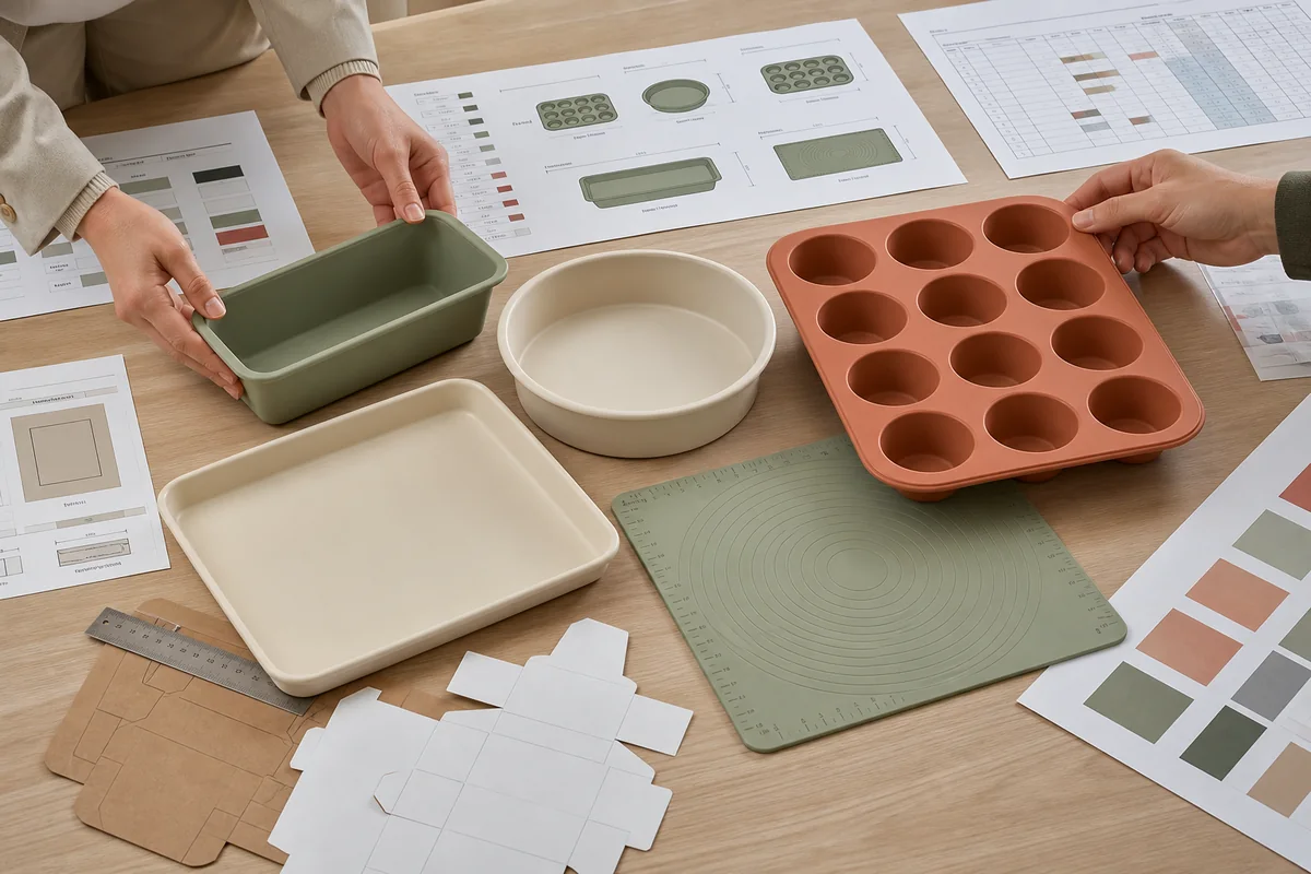 B2B buyer reviewing silicone bakeware set assortment architecture and SKU sizes