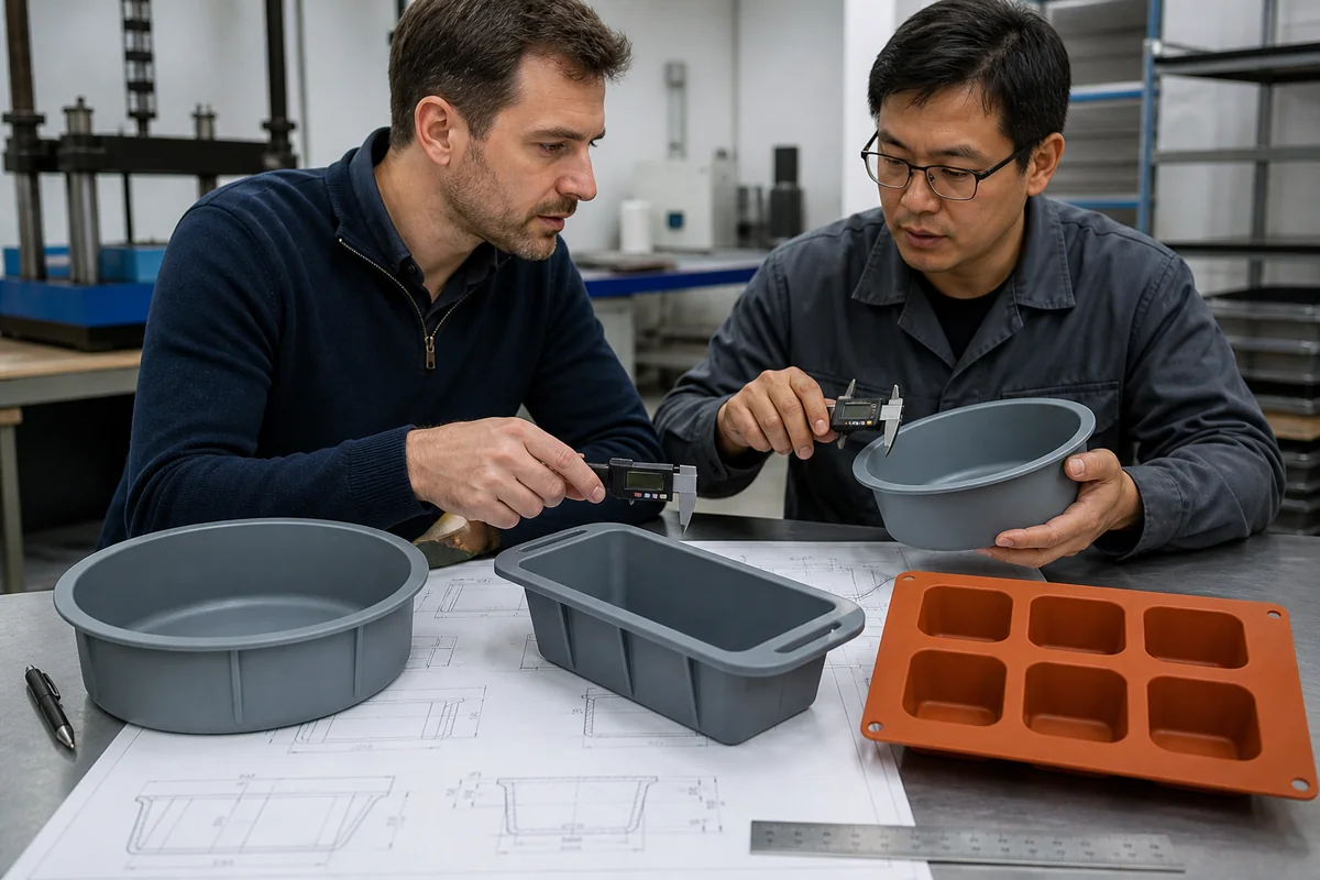 Buyer and engineer reviewing wholesale silicone baking mold dimensions and DFM Buyer and engineer reviewing wholesale silicone baking mold dimensions and DFM