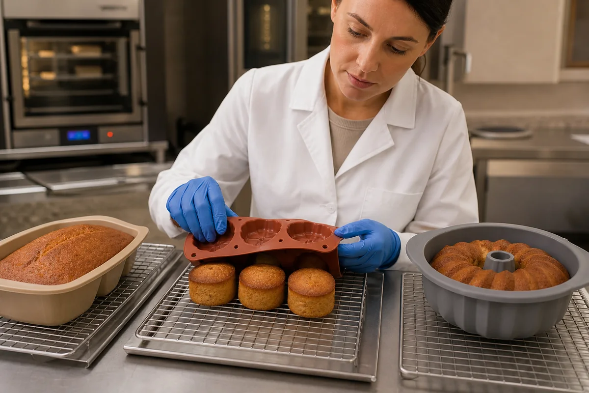Technician validating baked-food release from different silicone baking molds Technician validating baked-food release from different silicone baking molds