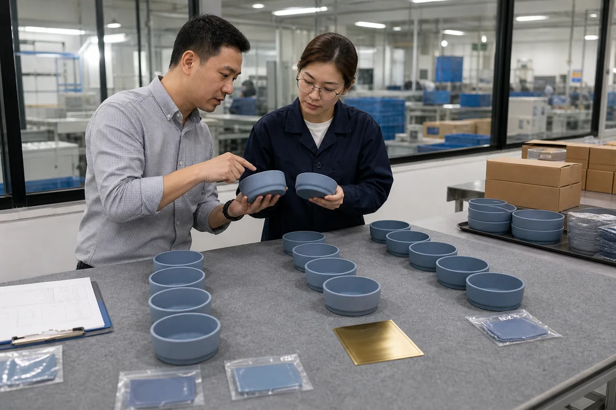 Buyer comparing silicone bowls from multiple batches with retained color references Buyer comparing silicone bowls from multiple batches with retained color references