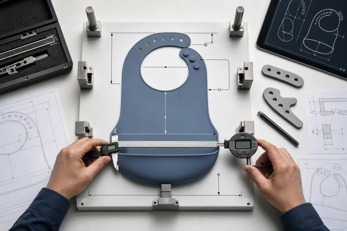 Silicone bib dimensional inspection for width, neck opening and pocket geometry Silicone bib dimensional inspection for width, neck opening and pocket geometry