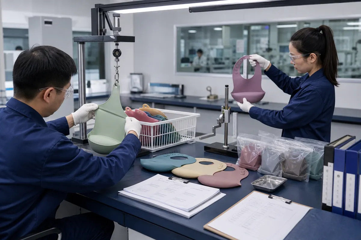 Silicone bib quality validation for pocket retention and closure strength Silicone bib quality validation for pocket retention and closure strength