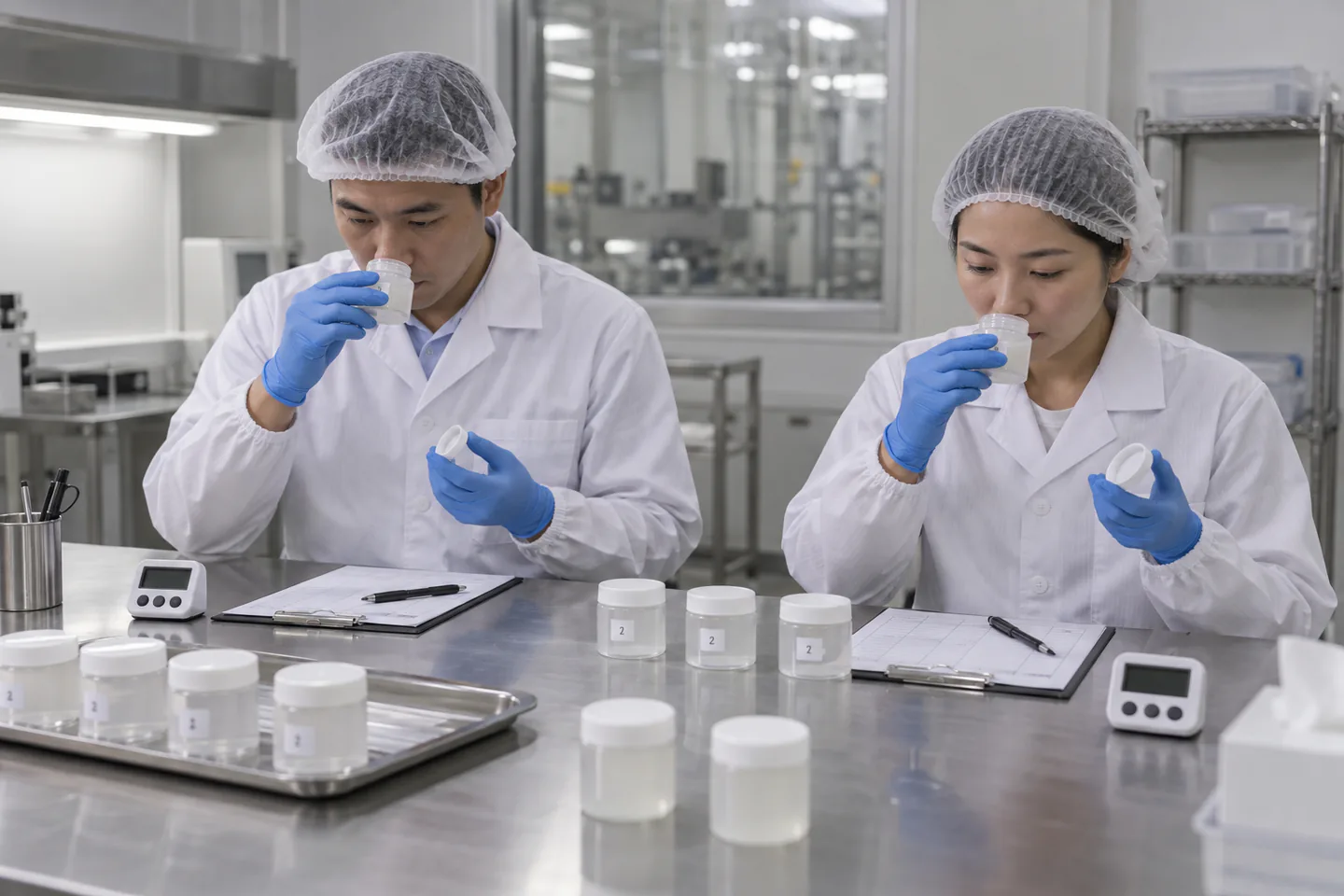 Factory quality specialists conducting a blind first-opening sensory evaluation of packaged silicone samples Factory quality specialists conducting a blind first-opening sensory evaluation of packaged silicone samples