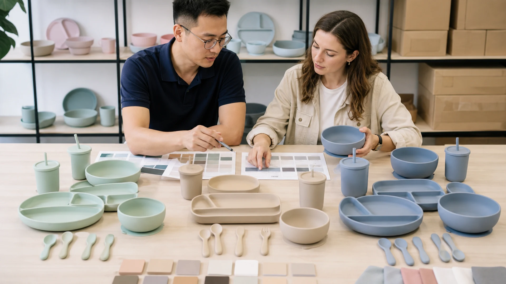 Buyer reviewing coordinated silicone bowl and plate assortment colors and retail configurations