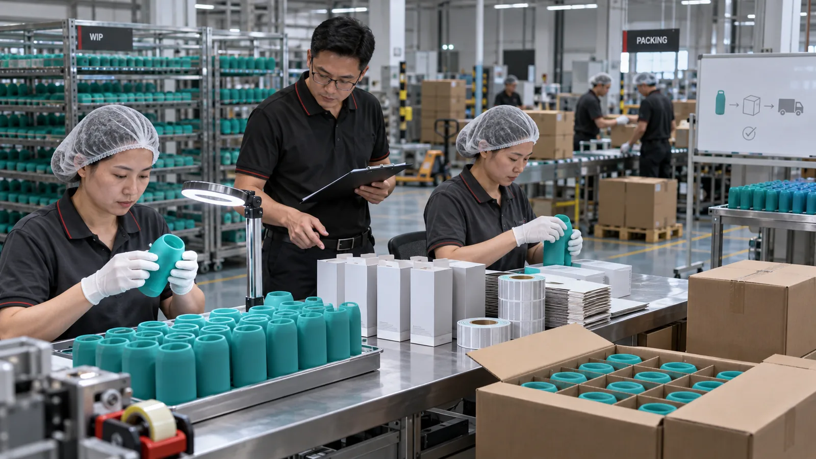 Silicone factory team audits inspection work in process packaging and cargo-ready throughput