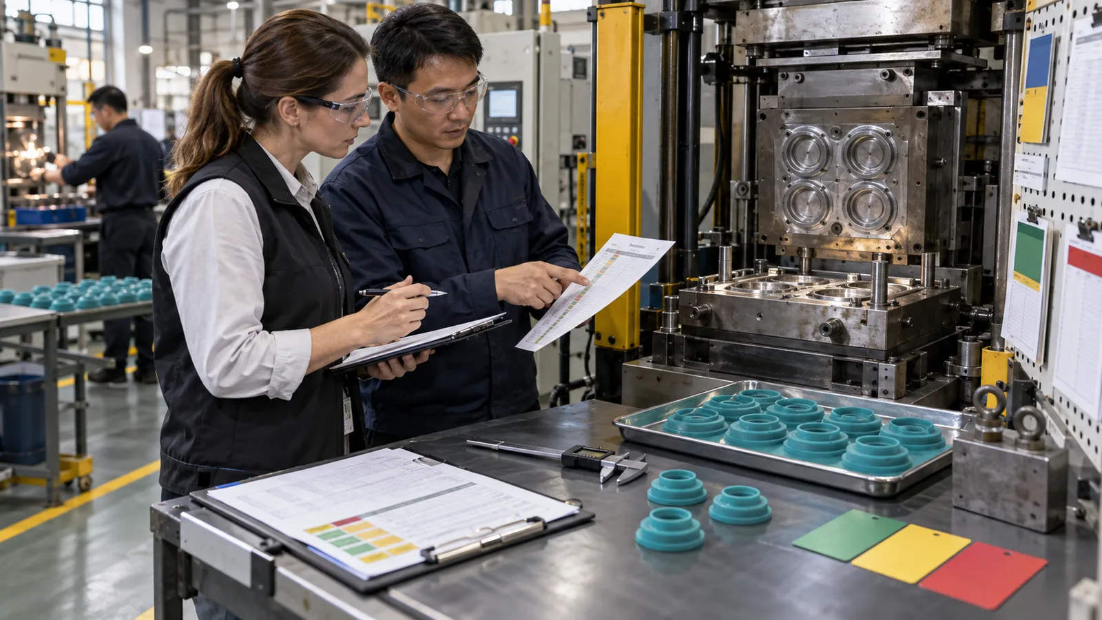 Buyer auditor reviews silicone molding machine tool and current production records