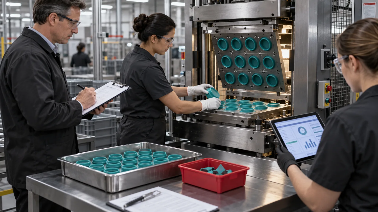 Auditor witnesses silicone pilot output yield and cavity evidence during a production run