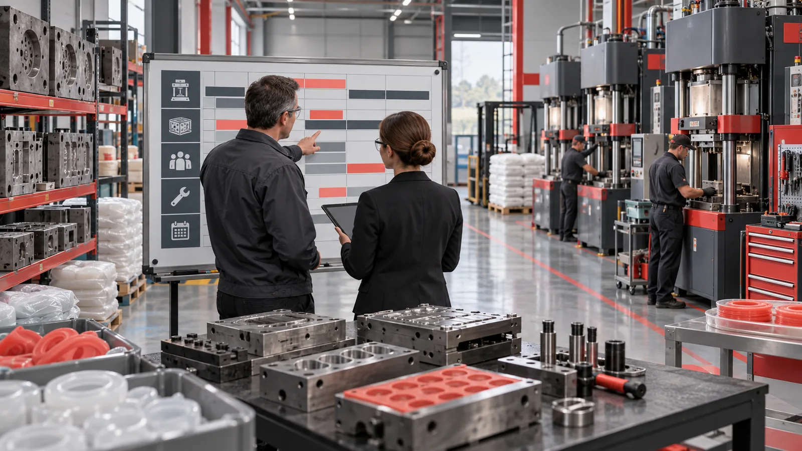 Factory team reviews silicone press loading, mold readiness and reserved production windows Factory team reviews silicone press loading, mold readiness and reserved production windows