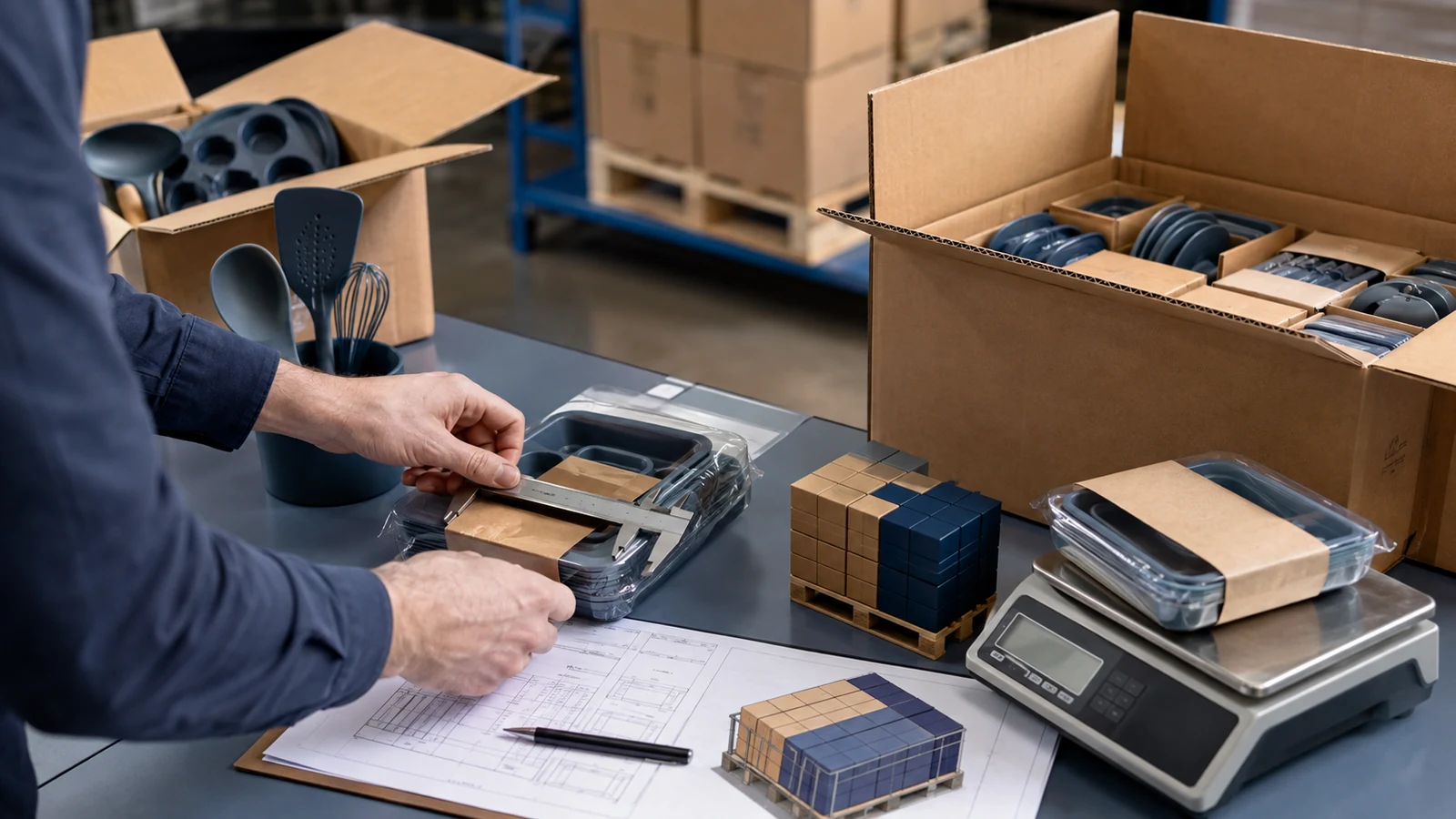 Logistics team measuring silicone product packs and master-carton cube utilization Logistics team measuring silicone product packs and master-carton cube utilization