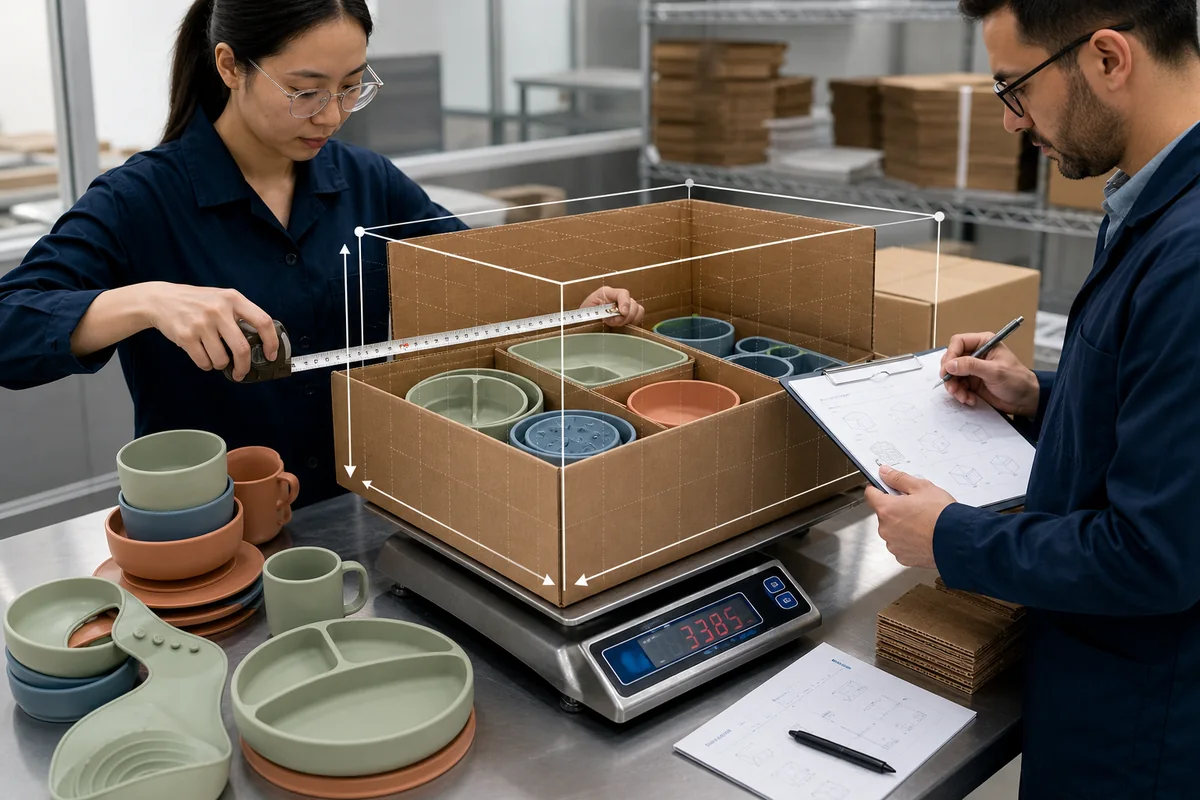 Packaging engineers measuring silicone product carton volume and gross weight Packaging engineers measuring silicone product carton volume and gross weight