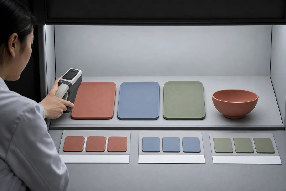 Silicone color plaques evaluated in a controlled light booth with a spectrophotometer Silicone color plaques evaluated in a controlled light booth with a spectrophotometer