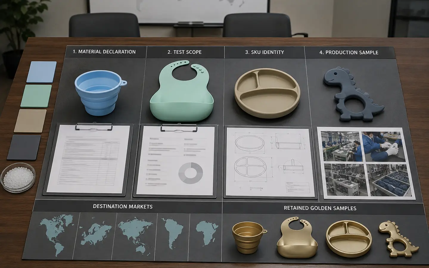 Buyer matrix linking silicone material declaration test scope SKU identity and golden samples