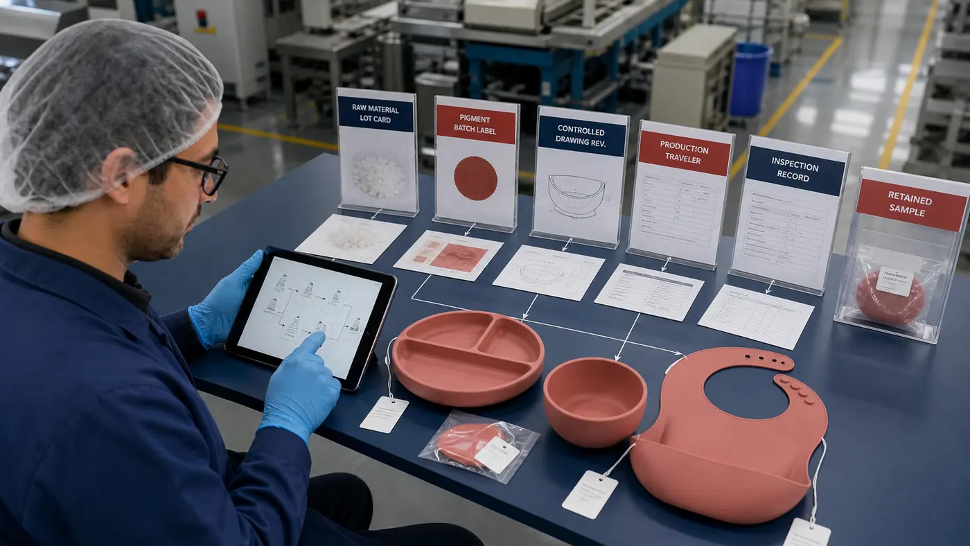 Silicone compliance traceability chain linking raw material pigment drawing production inspection and retained sample