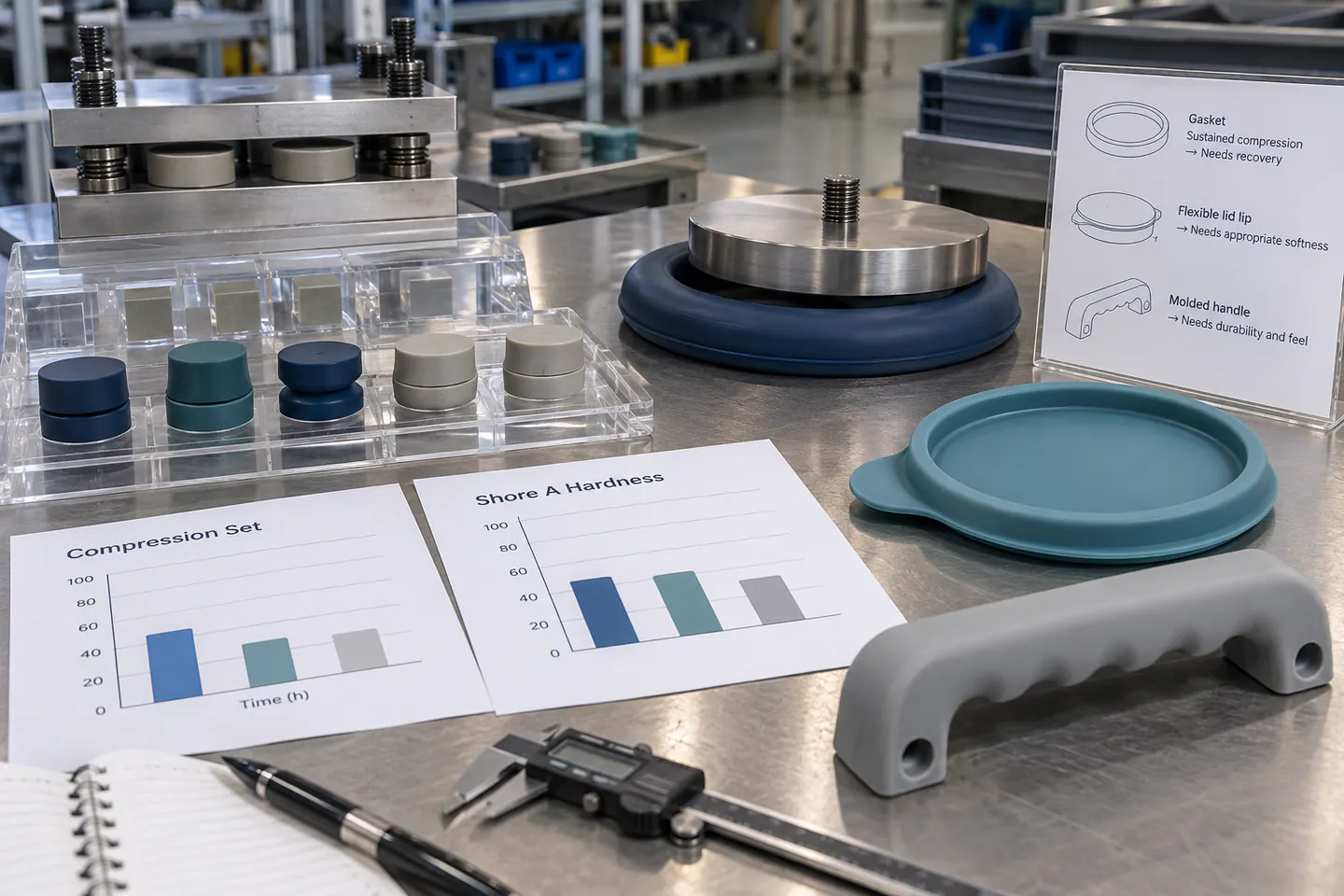 Silicone compression recovery and hardness results reviewed beside gasket lid and handle examples Silicone compression recovery and hardness results reviewed beside gasket lid and handle examples
