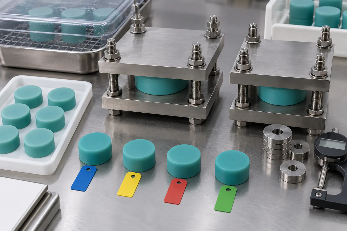 Controlled silicone compression set specimens fixtures spacers and thickness measurement Controlled silicone compression set specimens fixtures spacers and thickness measurement